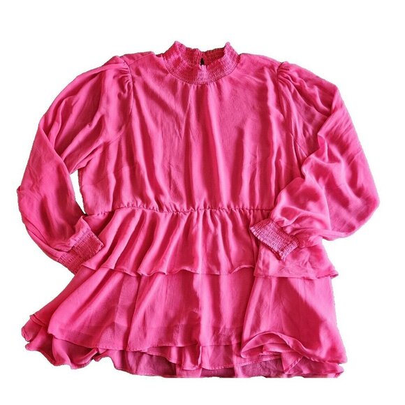 Torrid Top 3X Pink Babydoll Semi Sheer High Smocked NeckCuffs Long Sleeve Ruffle - Picture 10 of 16